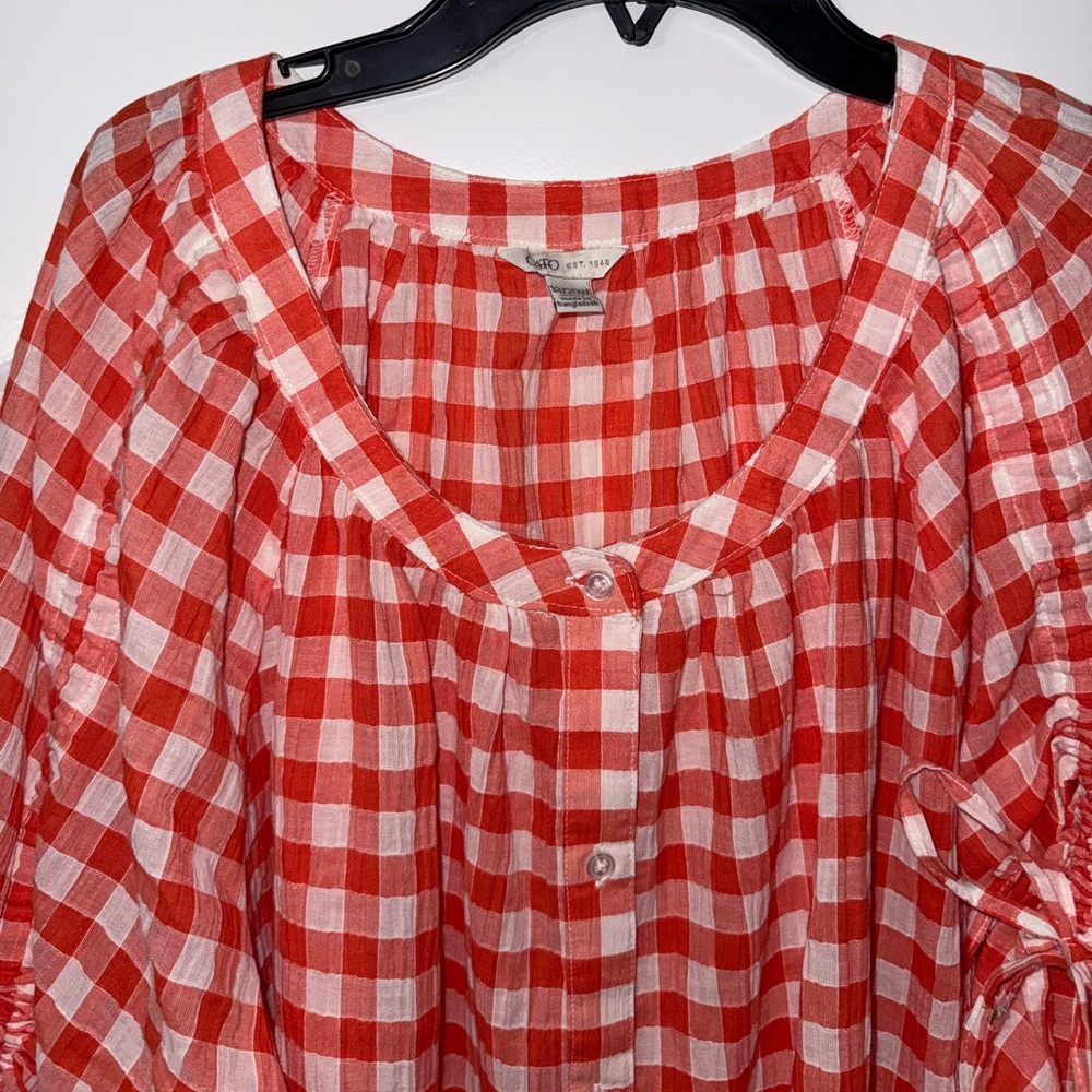 Cato orange and white gingham print top with ruched sleeves EUC - Picture 3 of 8